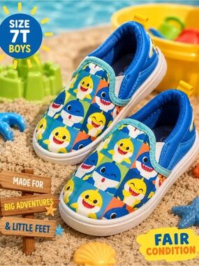 🦈 Pinkfong Baby Shark Slip-On Shoes Boys 7T | Fair Condition | Play Shoes